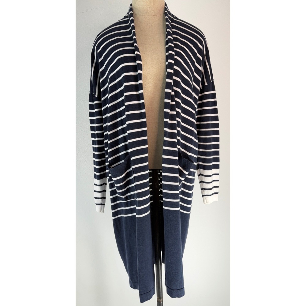 Cabi Boathouse Duster Cardigan Style#6243 Navy Blue White Stripe Nautical Prep M